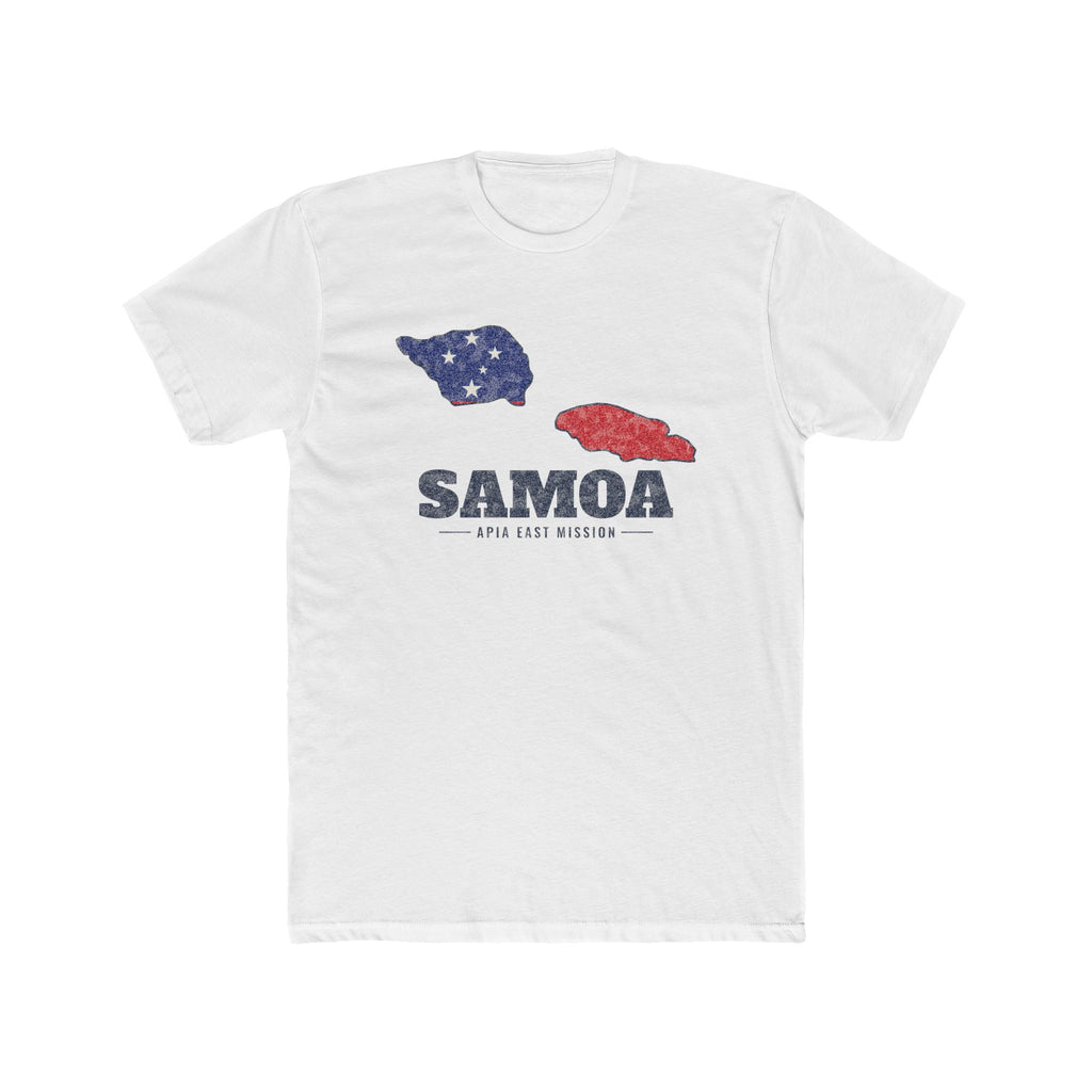 Samoa Apia East Mission Flag Map shirt in White: flag of Samoa in the outline of Samoa with navy lettering, front view