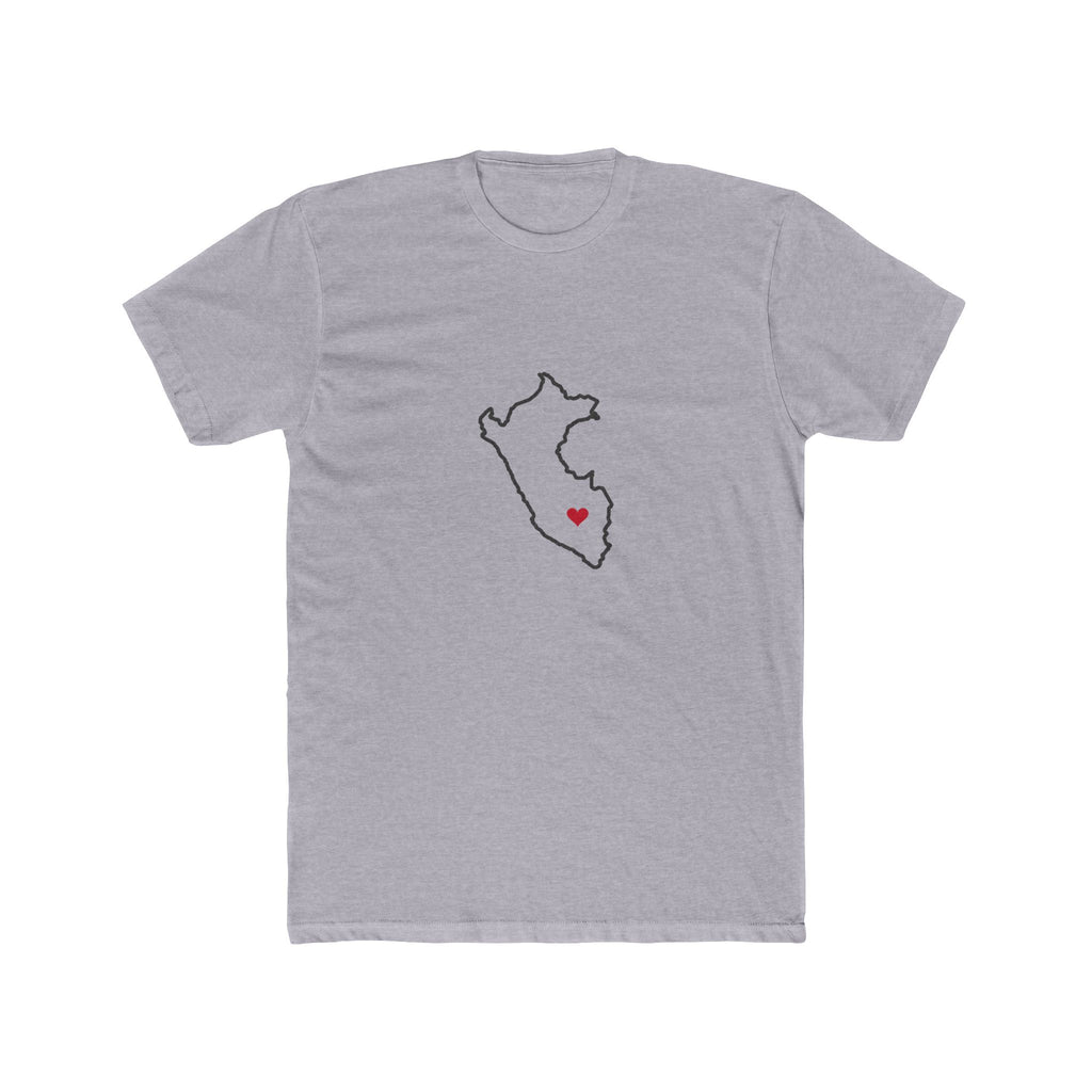 Peru Cusco Mission Heart Map shirt in Heather Grey: Peru outline with a red heart, front view