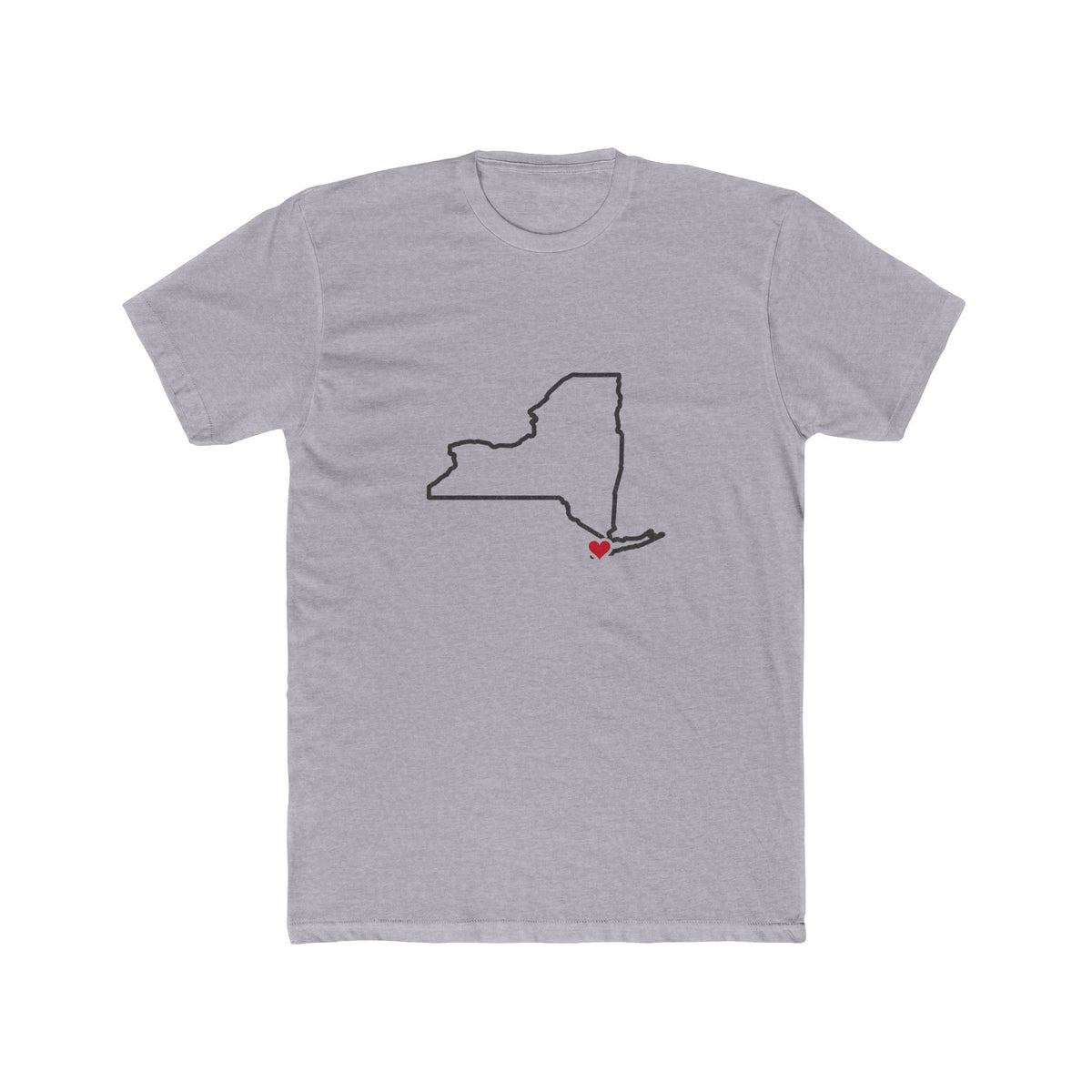 New York New York City Mission Heart Map shirt in Heather Grey: New York outline with a red heart, front view