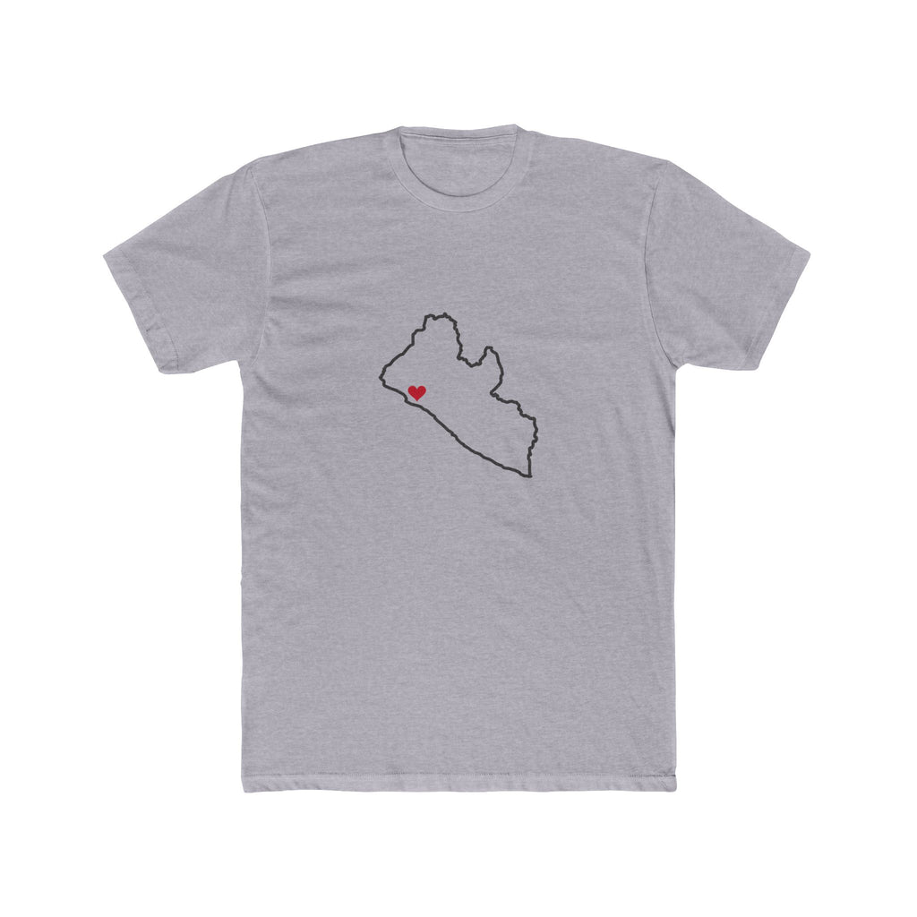 Liberia Monrovia Mission Heart Map shirt in Heather Grey: Liberia outline with a red heart, front view