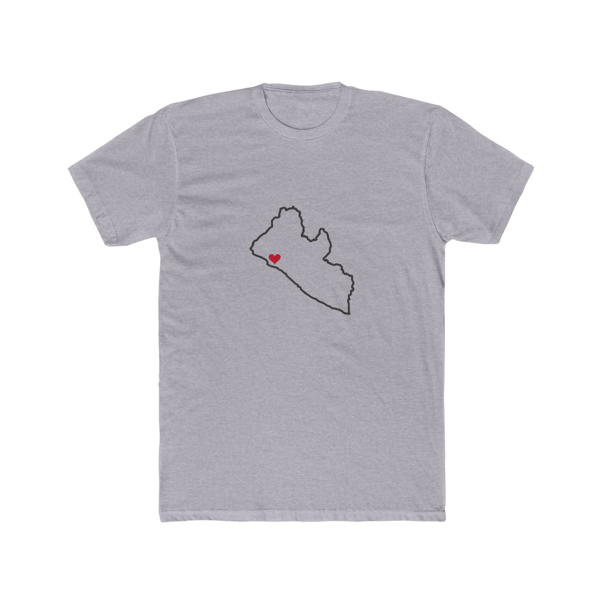 Liberia Monrovia Mission Heart Map shirt in Heather Grey: Liberia outline with a red heart, front view