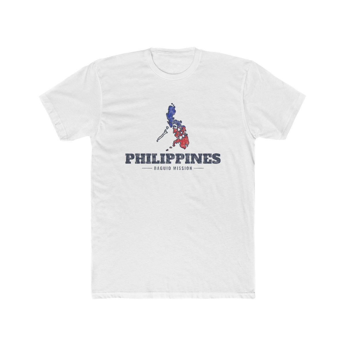 Philippines Baguio Mission Flag Map shirt in White: colors of the Philippine flag in the outline of the Philippines with navy lettering, front view