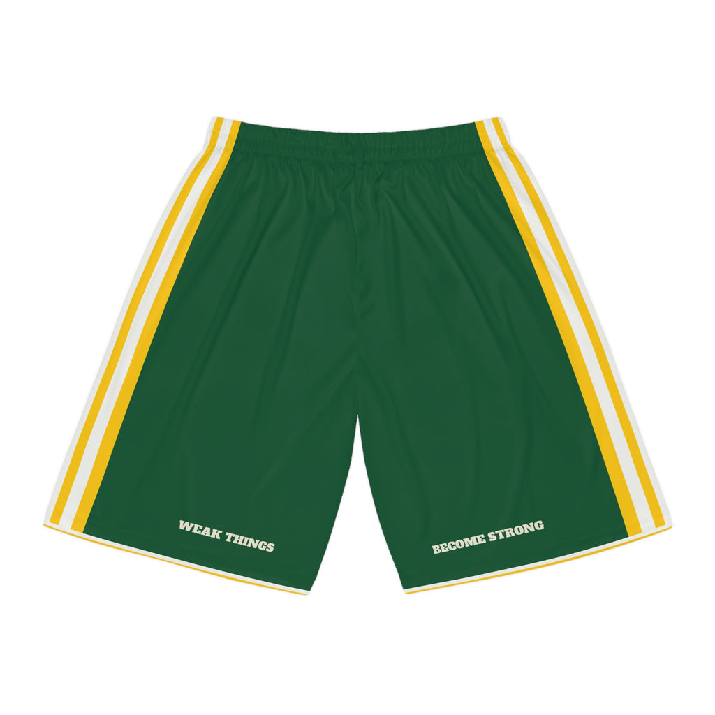 Guyana Georgetown Mission Basketball Shorts, back view with WEAK THINGS and BECOME STRONG on the legs