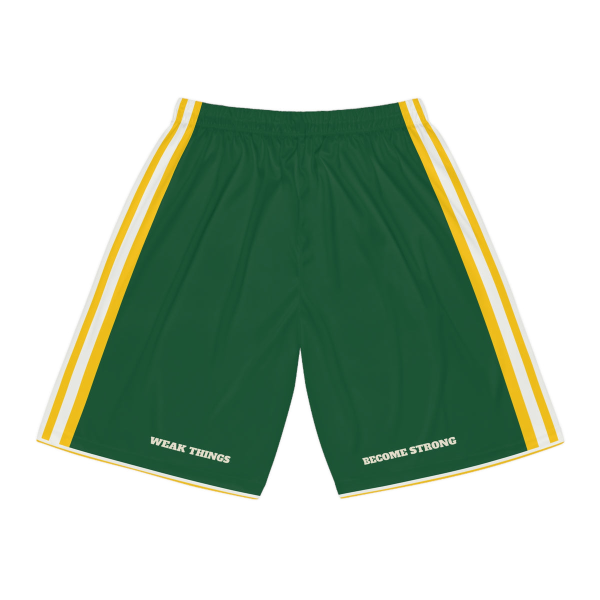 Guyana Georgetown Mission Basketball Shorts, back view with WEAK THINGS and BECOME STRONG on the legs