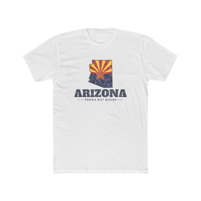 Arizona Phoenix West Mission Flag Map shirt in White: Arizona state flag in the outline of Arizona with navy lettering, front view