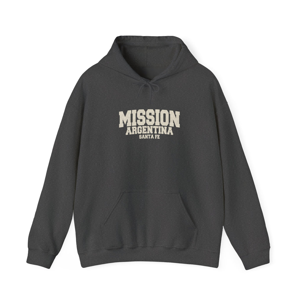 Argentina Santa Fe Mission Hoodie in Dark Heather, front view with the varsity mission design