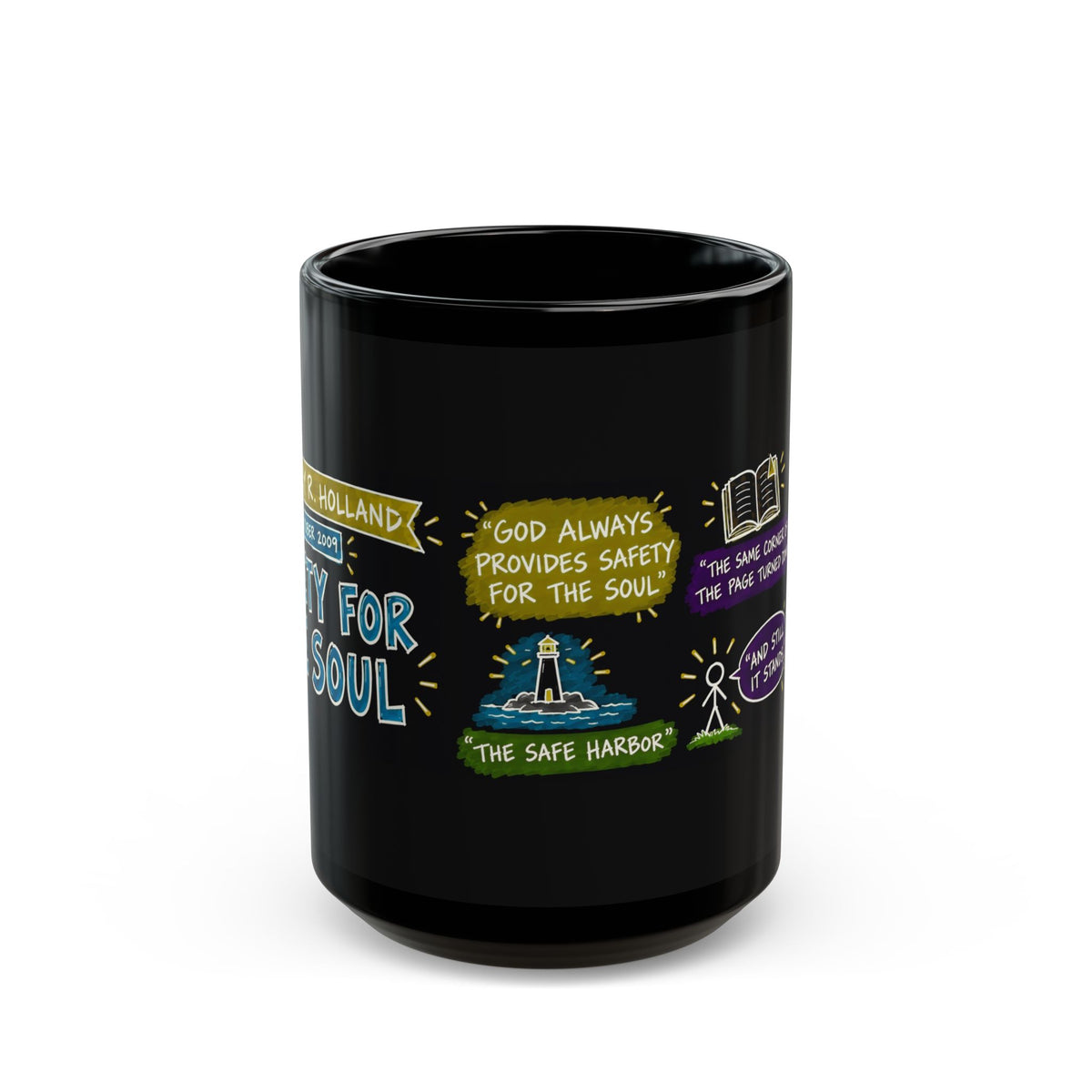 Safety for the Soul Sketch Note Black Mug — Jeffrey R. Holland