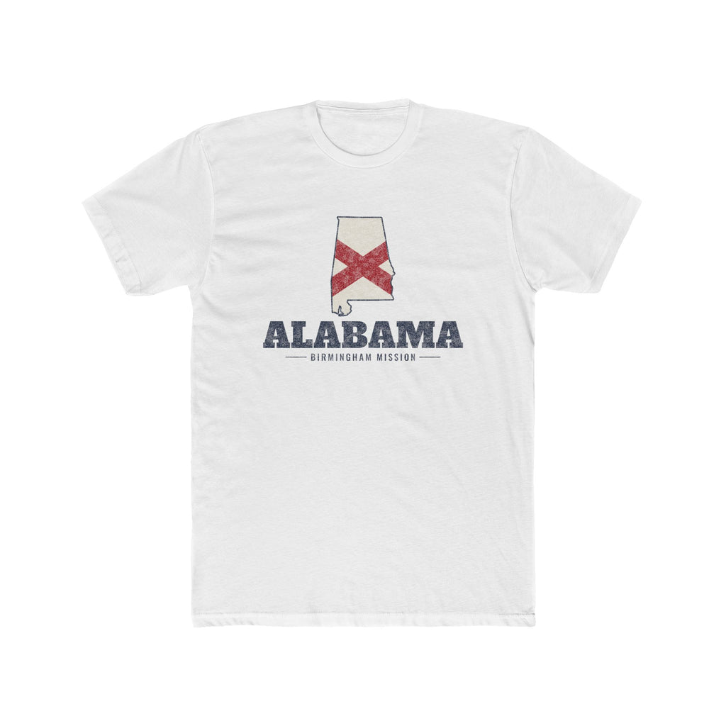 Alabama Birmingham Mission Flag Map shirt in White: Alabama state flag in the outline of Alabama with navy lettering, front view