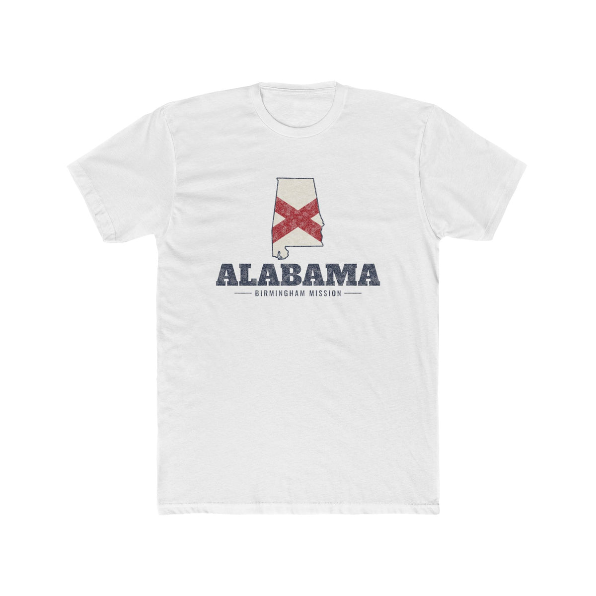 Alabama Birmingham Mission Flag Map shirt in White: Alabama state flag in the outline of Alabama with navy lettering, front view