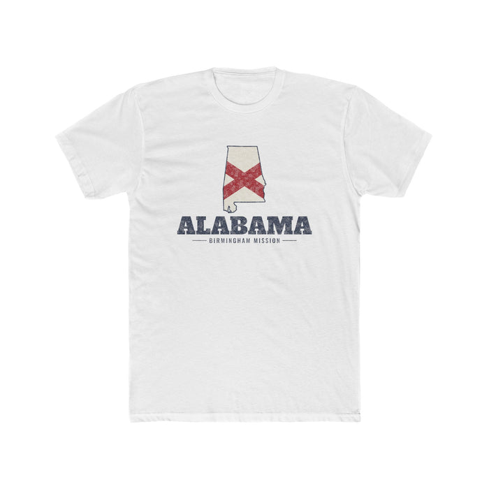 Alabama Birmingham Mission Flag Map shirt in White: Alabama state flag in the outline of Alabama with navy lettering, front view