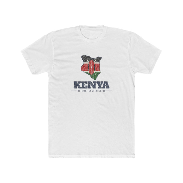 Kenya Nairobi East Mission Flag Map shirt in White: flag of Kenya in the outline of Kenya with navy lettering, front view