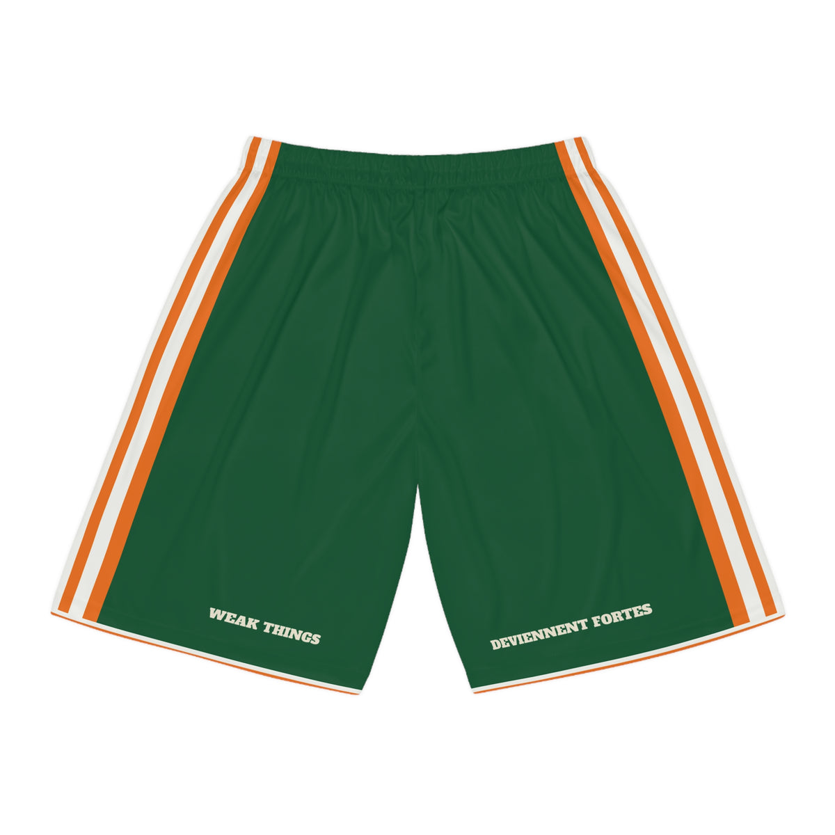 Cote d'Ivoire Yamoussoukro Mission Basketball Shorts, back view with WEAK THINGS and DEVIENNENT FORTES on the legs