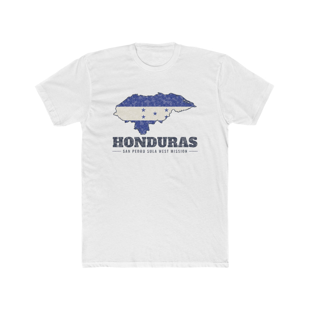 Honduras San Pedro Sula West Mission Flag Map shirt in White: flag of Honduras in the outline of Honduras with navy lettering, front view