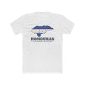 Honduras San Pedro Sula West Mission Flag Map shirt in White: flag of Honduras in the outline of Honduras with navy lettering, front view