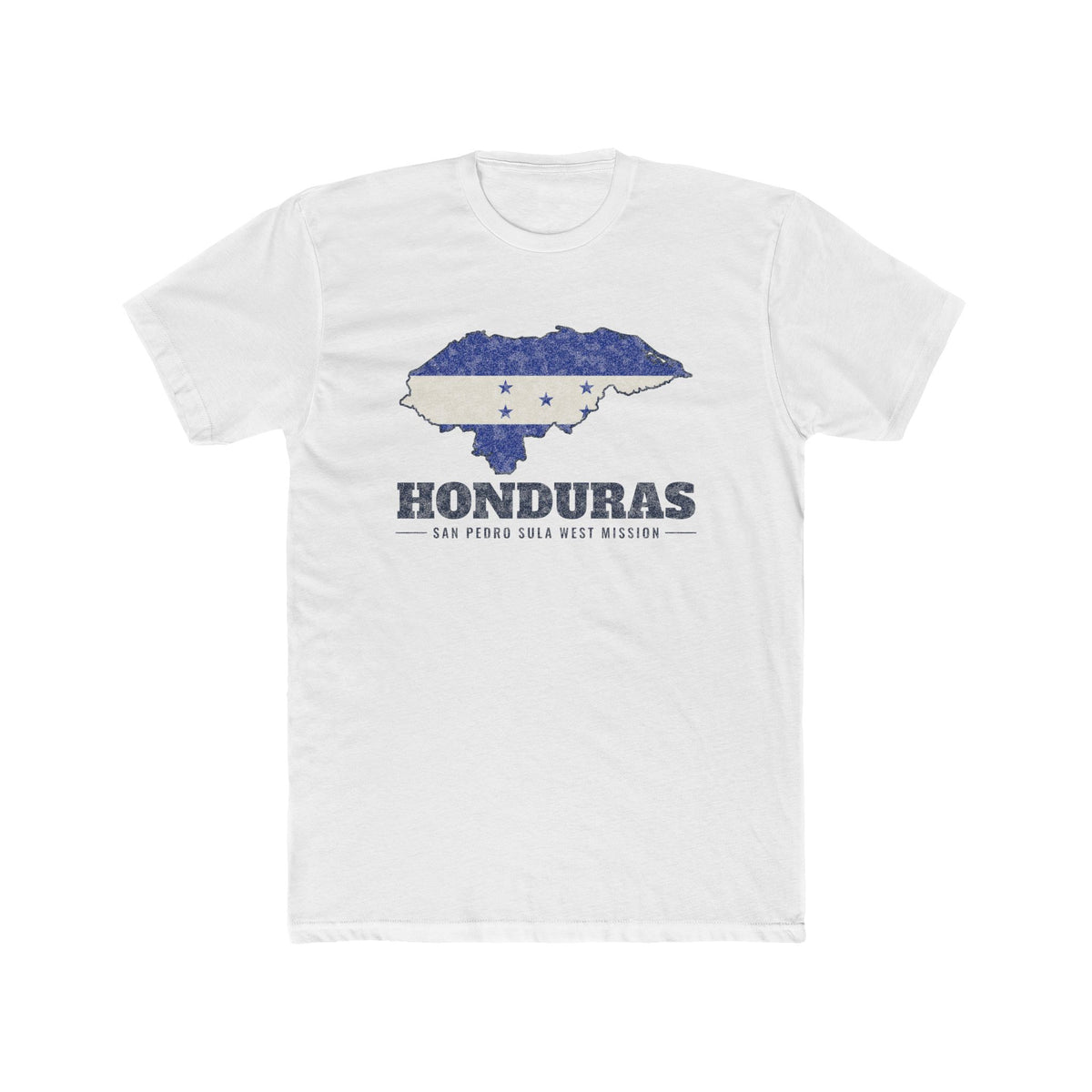 Honduras San Pedro Sula West Mission Flag Map shirt in White: flag of Honduras in the outline of Honduras with navy lettering, front view