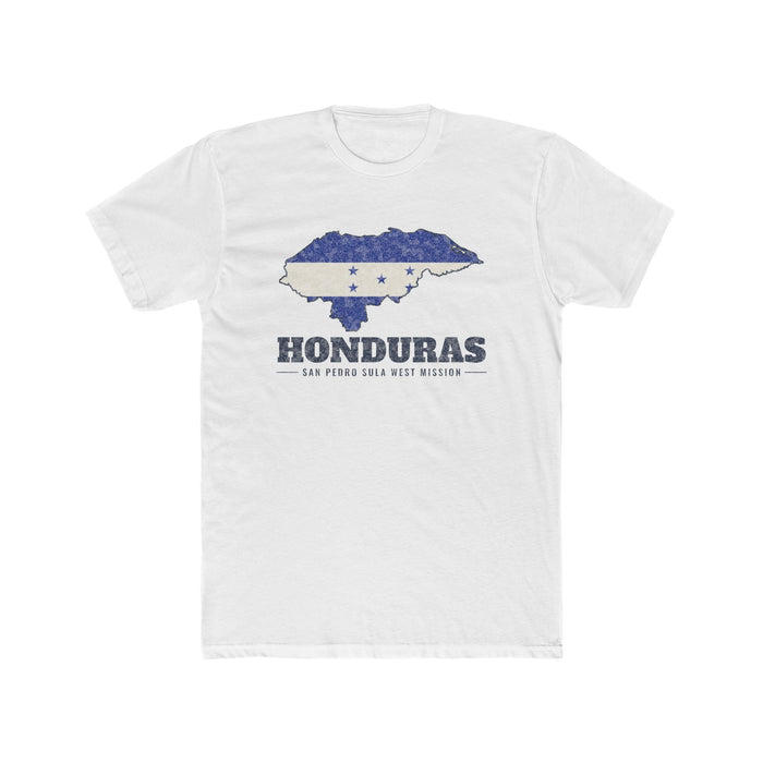 Honduras San Pedro Sula West Mission Flag Map shirt in White: flag of Honduras in the outline of Honduras with navy lettering, front view