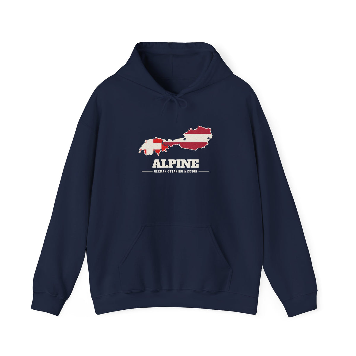 Alpine German-Speaking Mission Flag Map Hoodie in Navy, front view with the flag map and mission name
