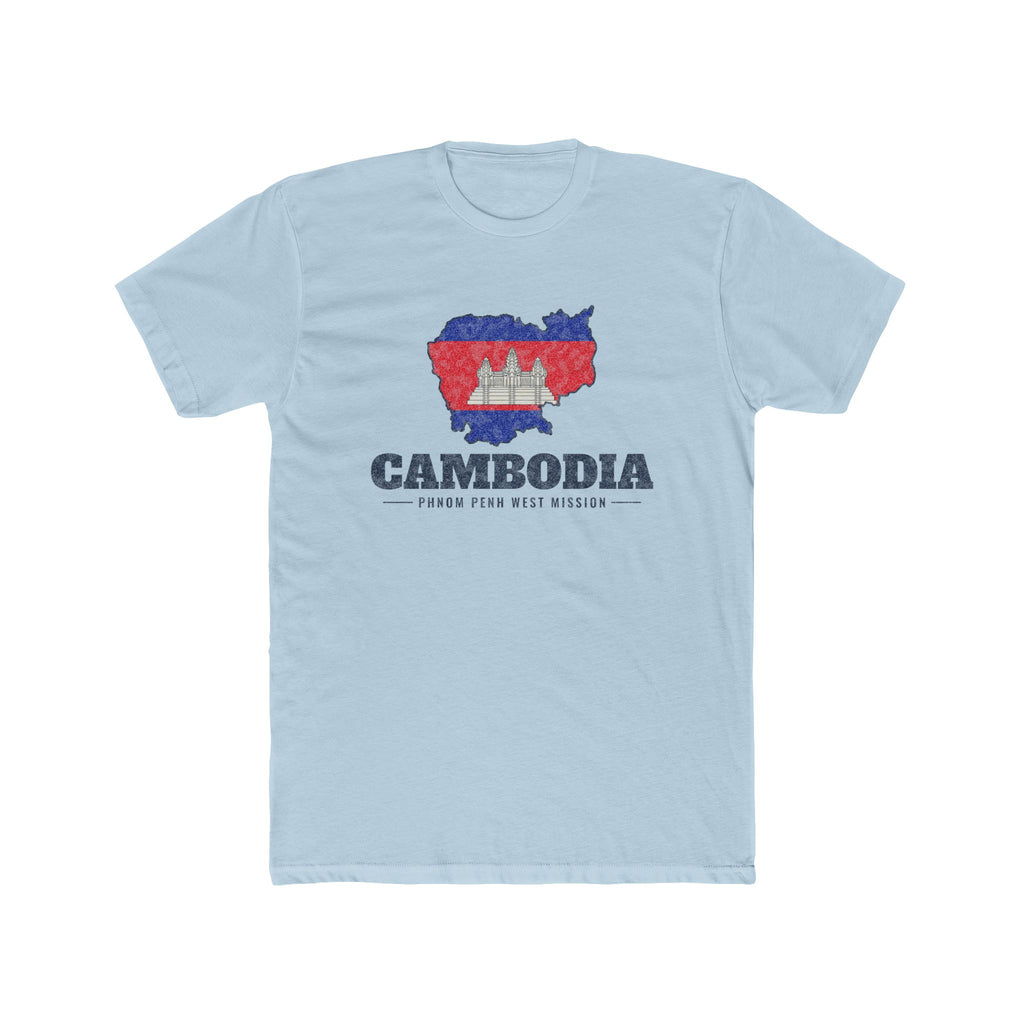 Cambodia Phnom Penh West Mission Flag Map shirt in Desert Pink: flag of Cambodia in the outline of Cambodia with navy lettering, front view