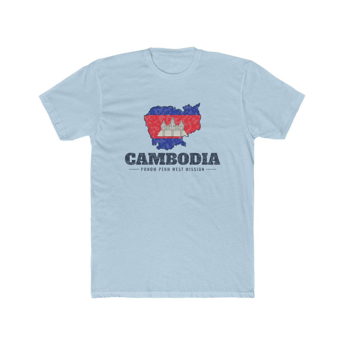Cambodia Phnom Penh West Mission Flag Map shirt in Desert Pink: flag of Cambodia in the outline of Cambodia with navy lettering, front view