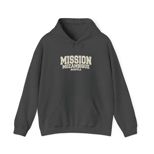 Mozambique Nampula Mission Hoodie in Dark Heather, front view with the varsity mission design