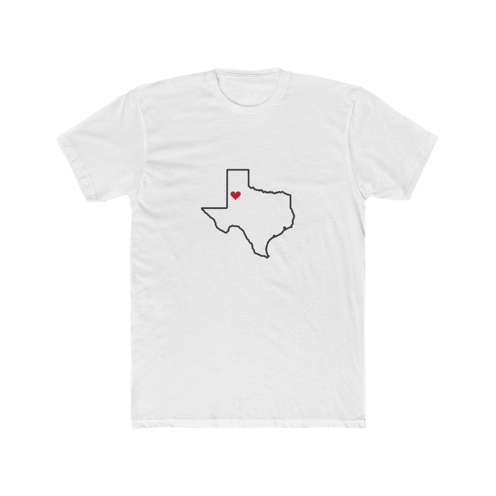 Texas Lubbock Mission Heart Map shirt in White: Texas outline with a red heart, front view