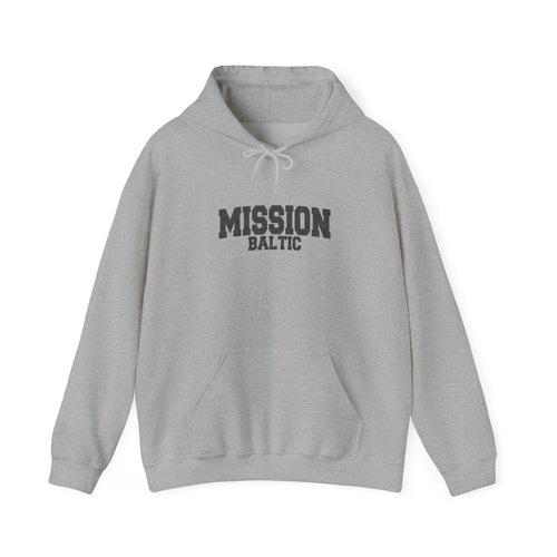 Baltic Mission Hoodie in Sport Grey, front view with the varsity mission design