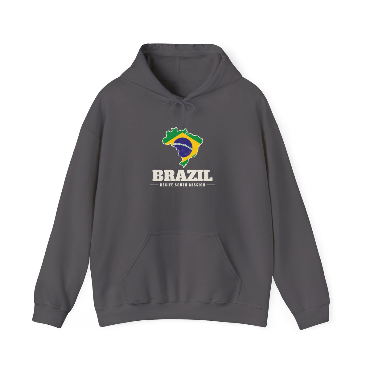 Brazil Recife South Mission Flag Map Hoodie in Charcoal, front view with the Brazil flag map and mission name