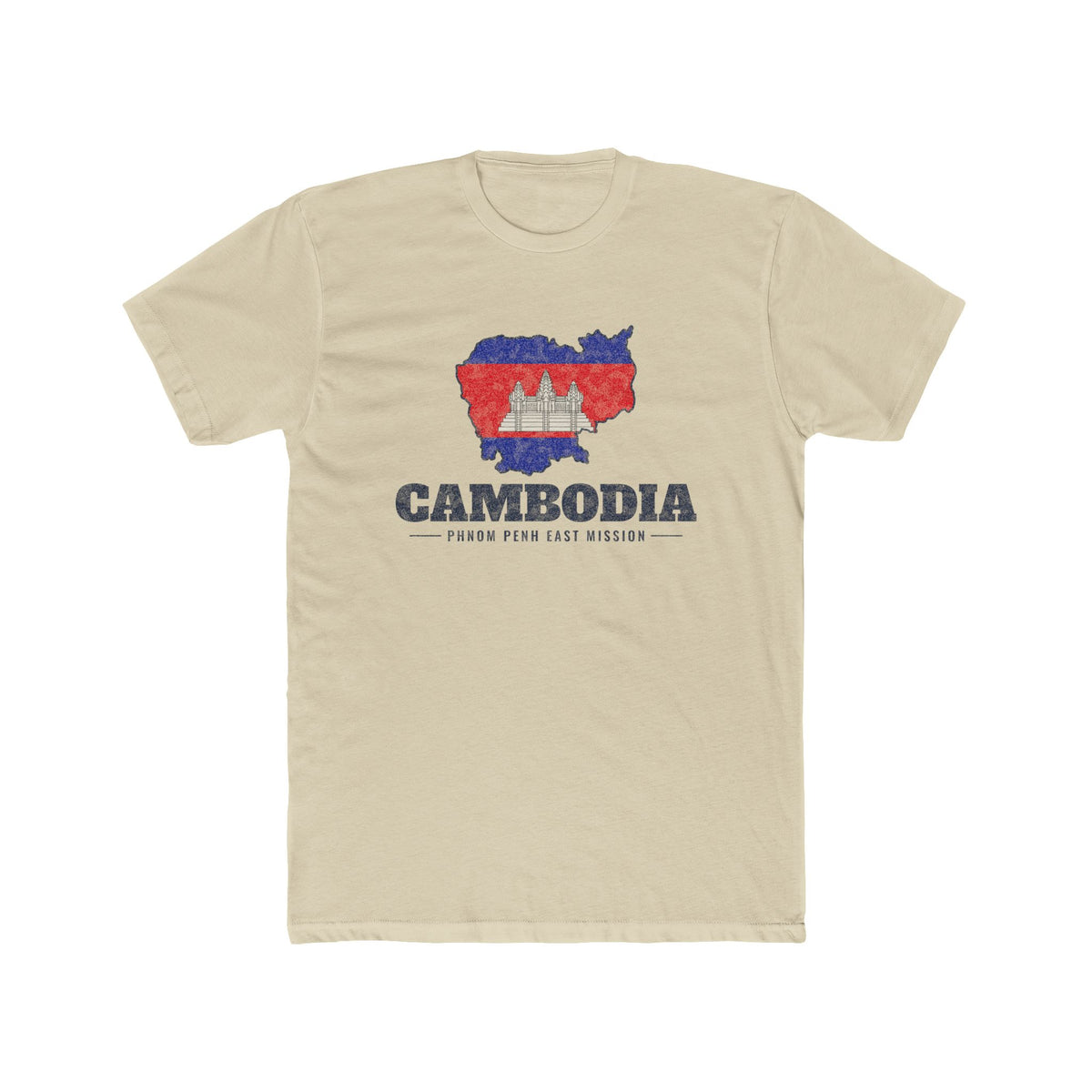 Cambodia Phnom Penh East Mission Flag Map shirt in Cream: flag of Cambodia in the outline of Cambodia with navy lettering, front view