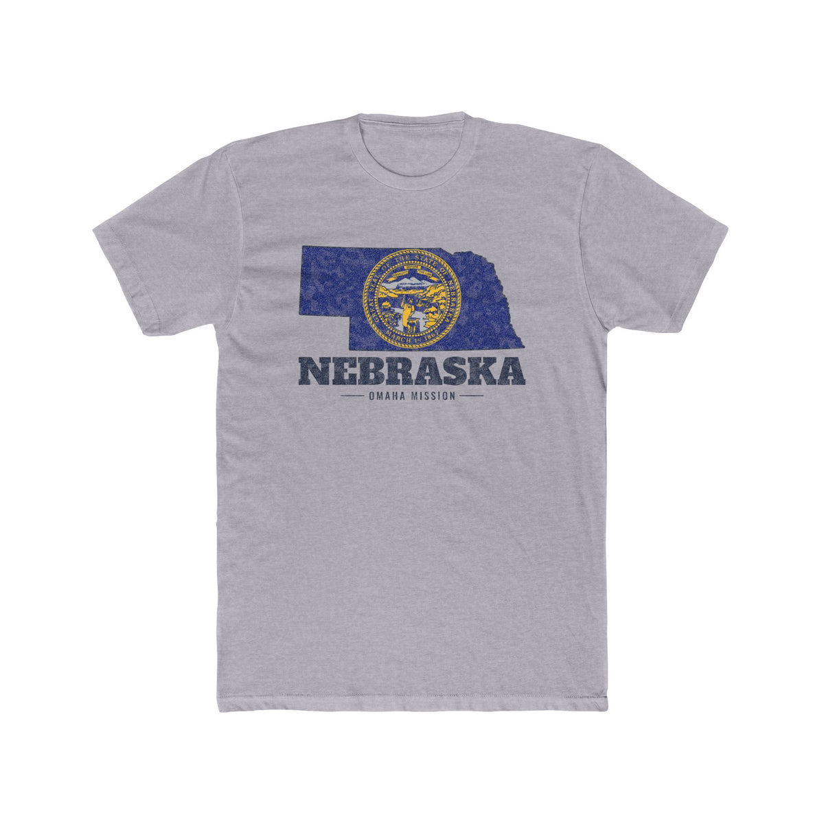 Nebraska Omaha Mission Flag Map shirt in Heather Grey: Nebraska state flag in the outline of Nebraska with navy lettering, front view