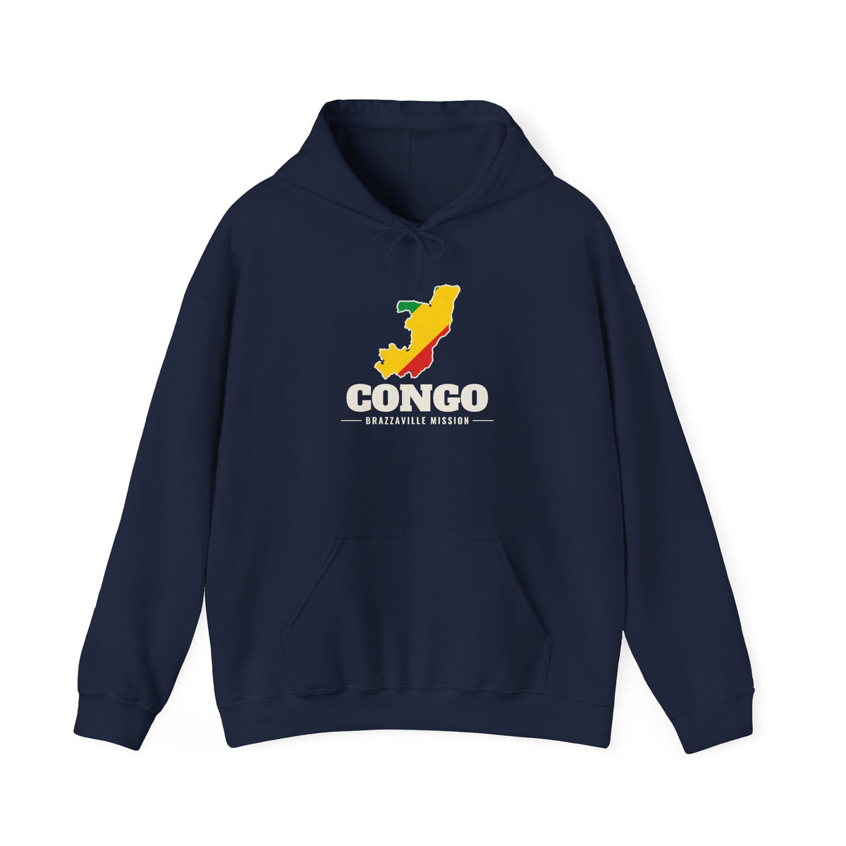 Republic of Congo Brazzaville Mission Flag Map Hoodie in Navy, front view with the flag map and mission name