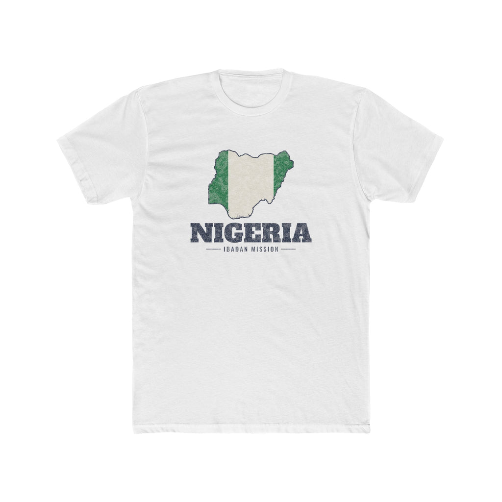 Nigeria Ibadan Mission Flag Map shirt in White: flag of Nigeria in the outline of Nigeria with navy lettering, front view