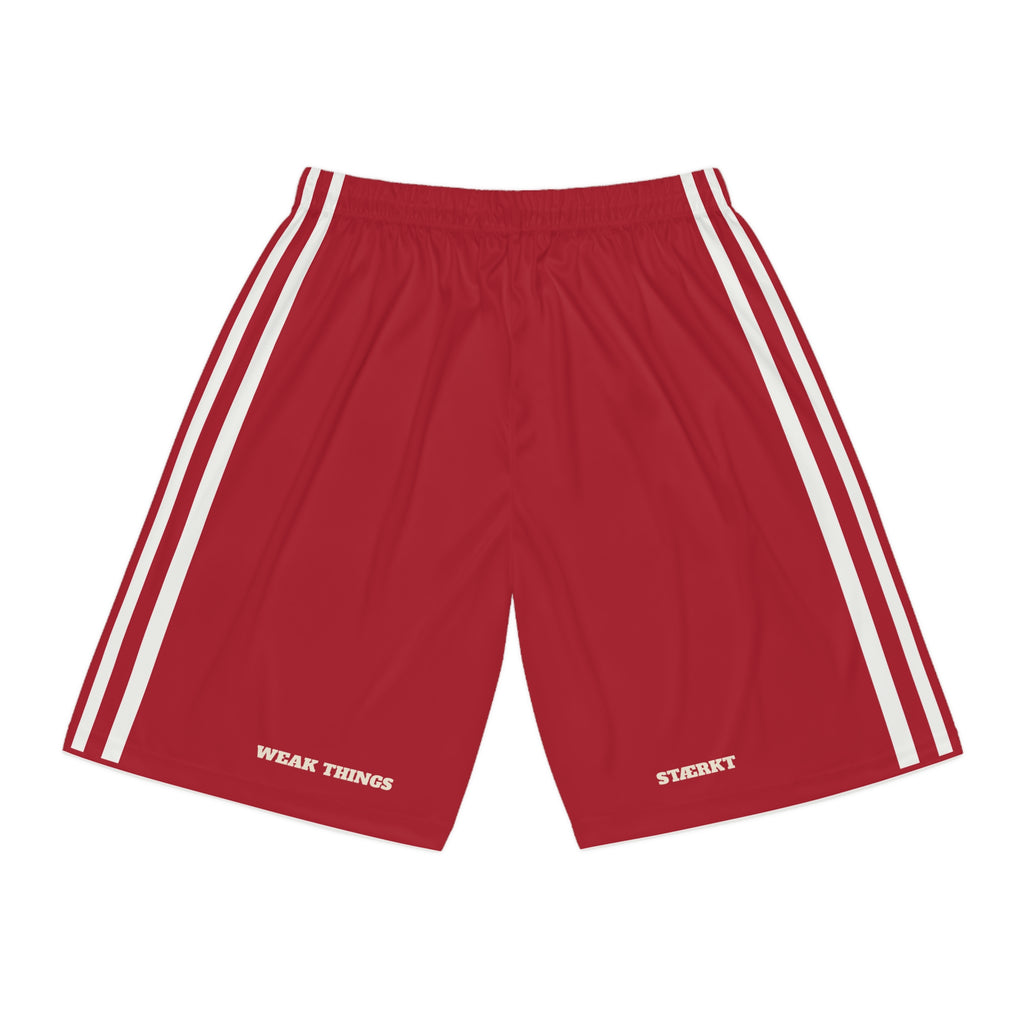 Denmark Copenhagen Mission Basketball Shorts, back view with WEAK THINGS and STÆRKT on the legs