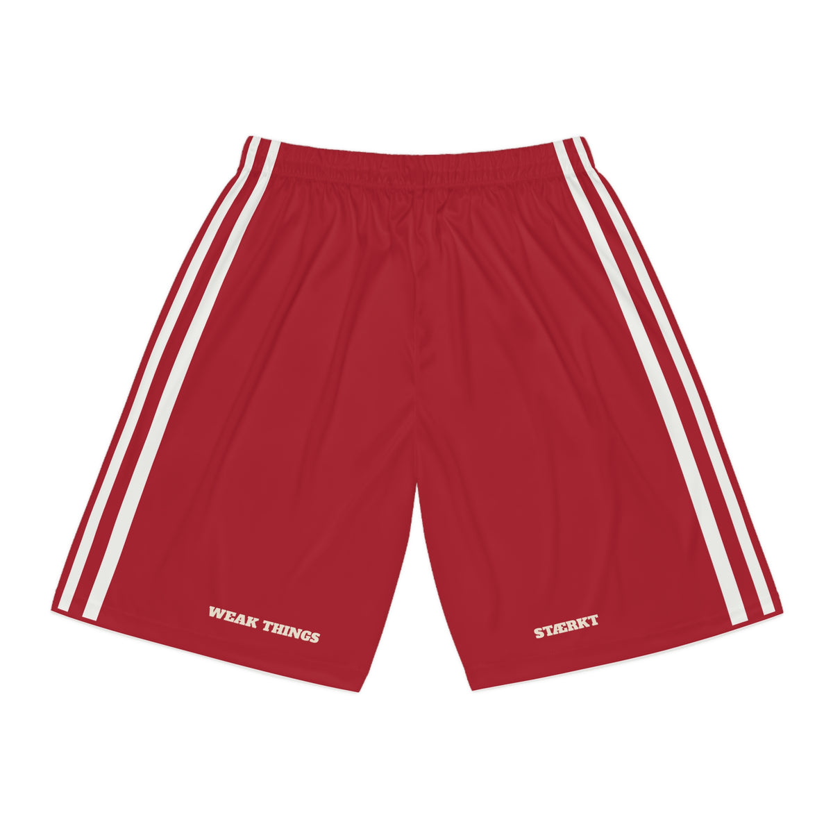 Denmark Copenhagen Mission Basketball Shorts, back view with WEAK THINGS and STÆRKT on the legs