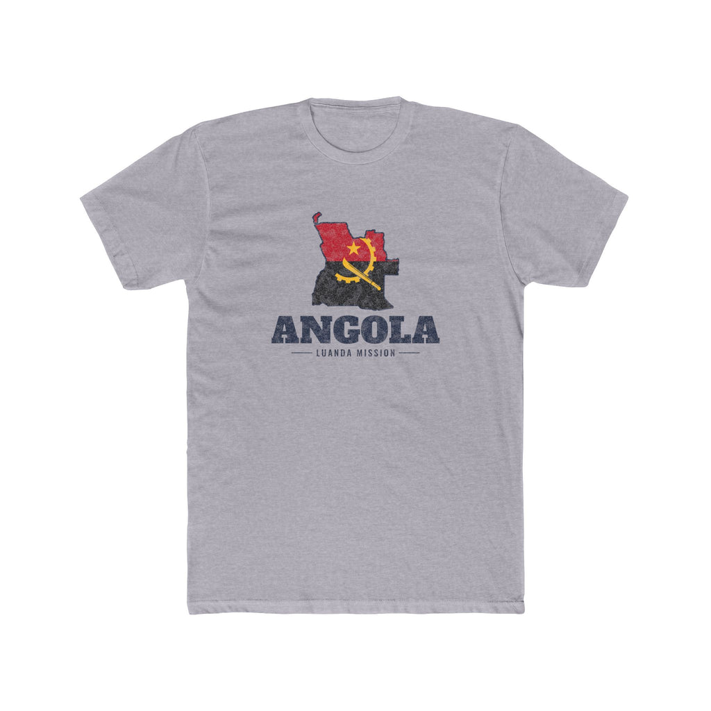 Angola Luanda Mission Flag Map shirt in Heather Grey: flag of Angola in the outline of Angola with navy lettering, front view