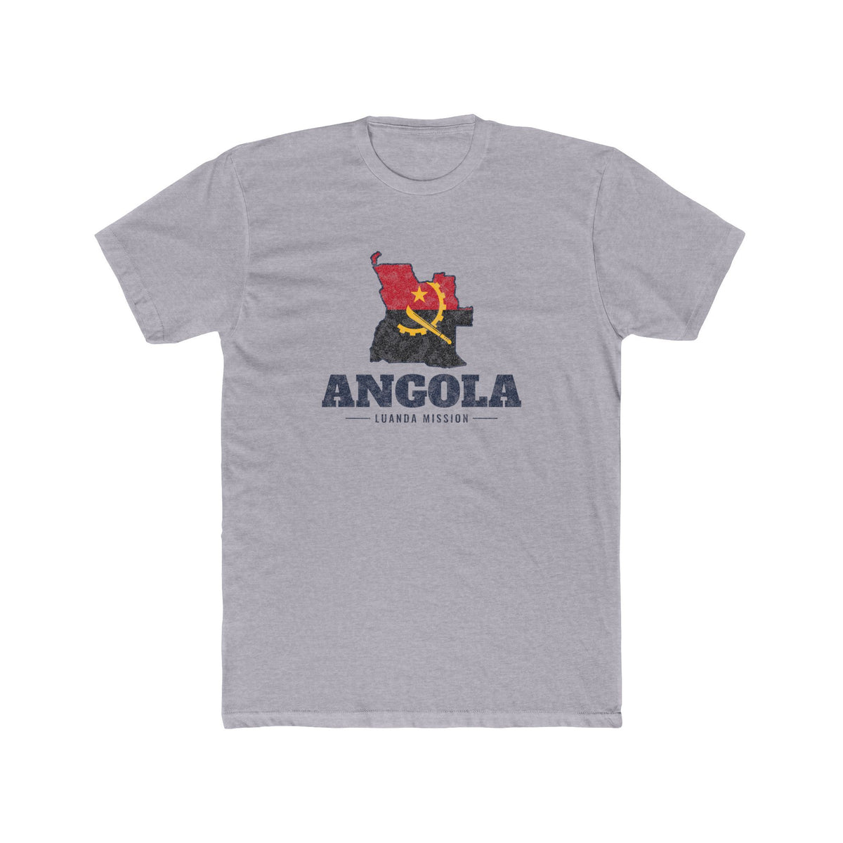 Angola Luanda Mission Flag Map shirt in Heather Grey: flag of Angola in the outline of Angola with navy lettering, front view