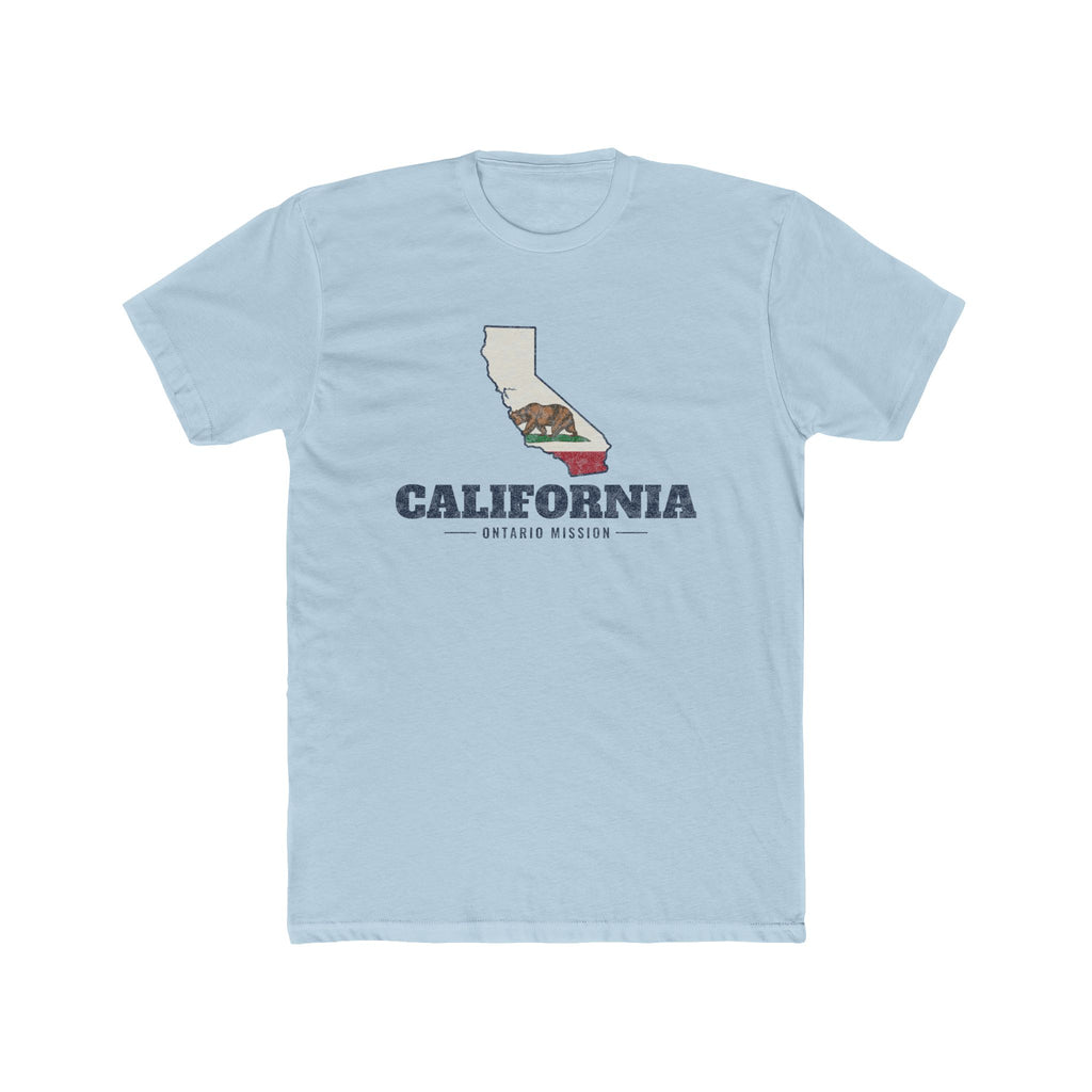 California Ontario Mission Flag Map shirt in Desert Pink: California state flag in the outline of California with navy lettering, front view