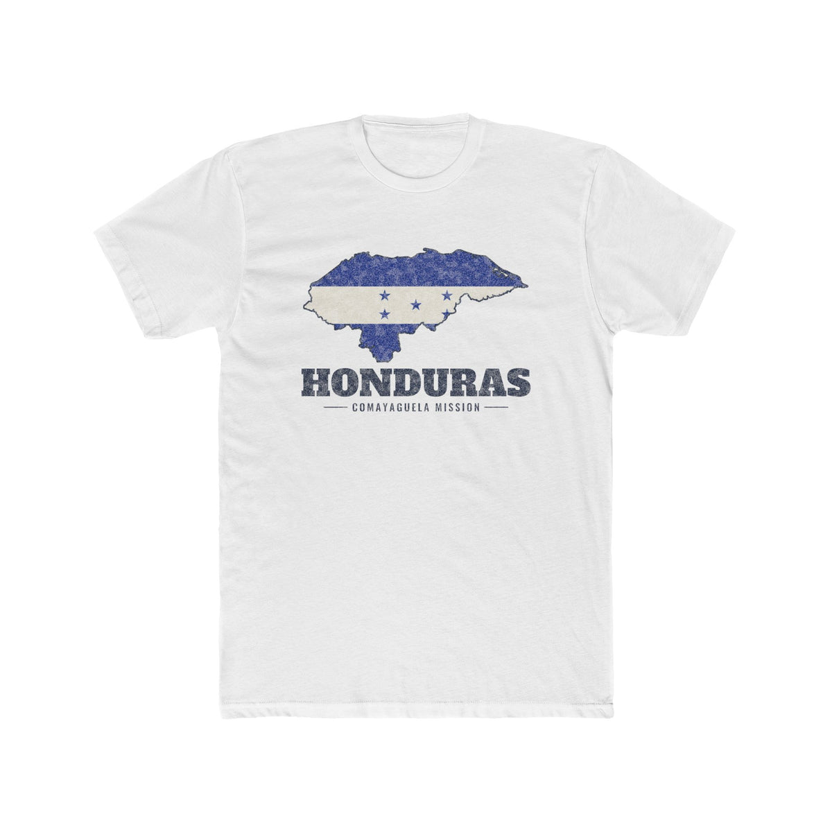 Honduras Comayaguela Mission Flag Map shirt in White: flag of Honduras in the outline of Honduras with navy lettering, front view