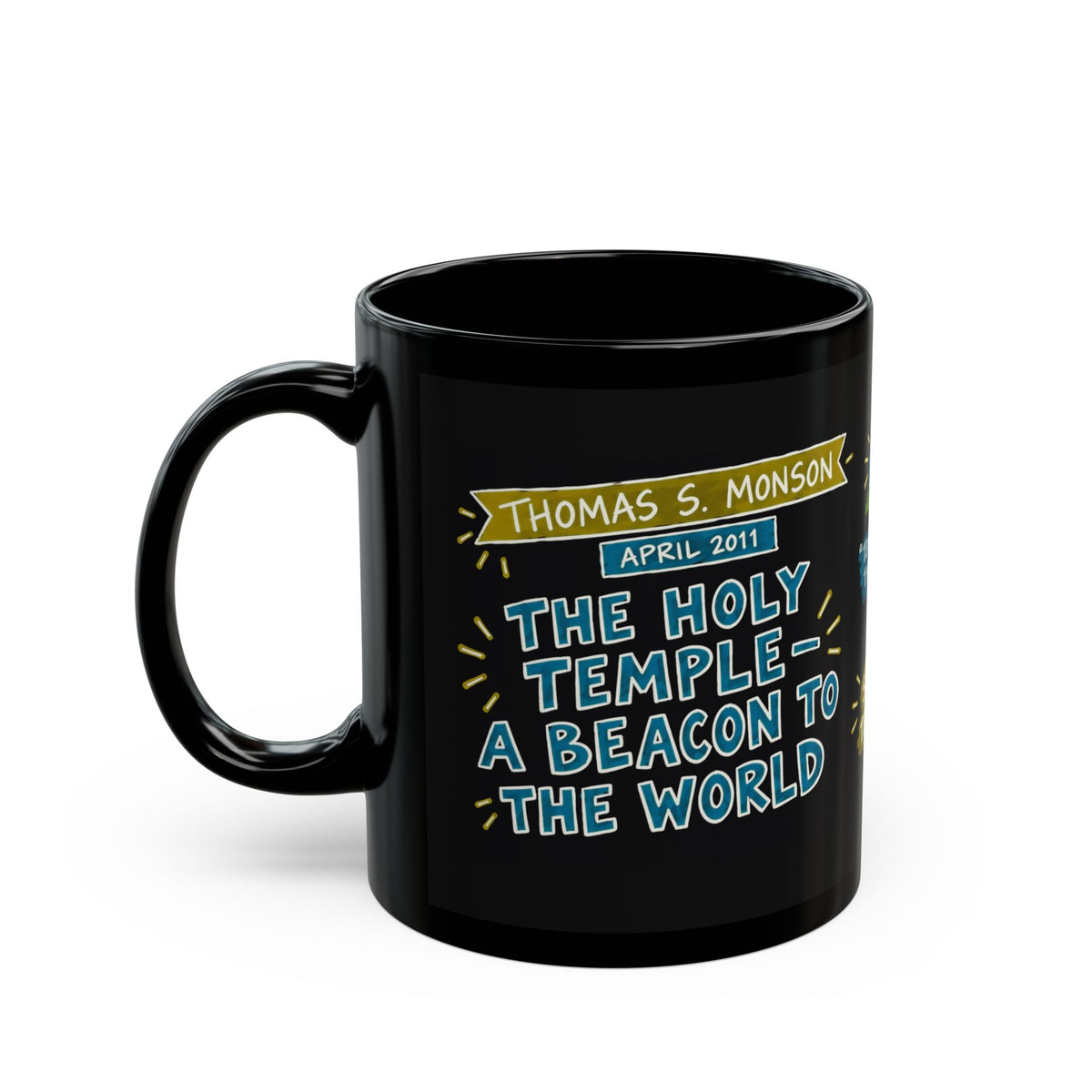 The Holy Temple—a Beacon to the World Sketch Note Black Mug — Thomas S. Monson