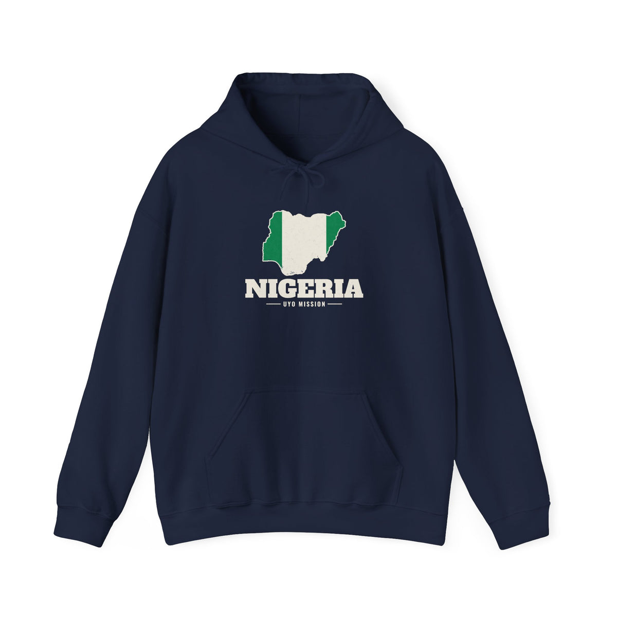 Nigeria Uyo Mission Flag Map Hoodie in Navy, front view with the flag map and mission name