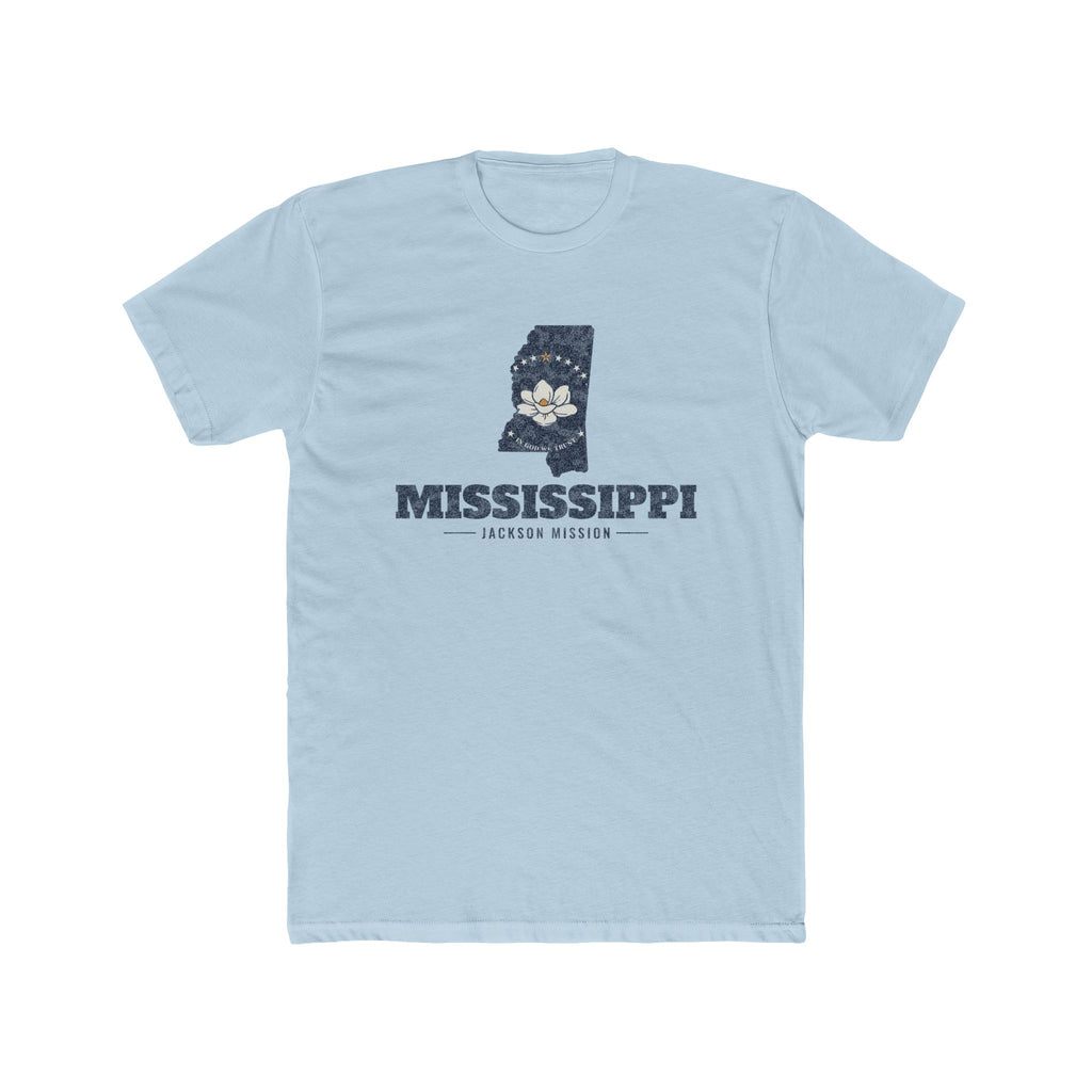Mississippi Jackson Mission Flag Map shirt in Desert Pink: Mississippi state flag in the outline of Mississippi with navy lettering, front view