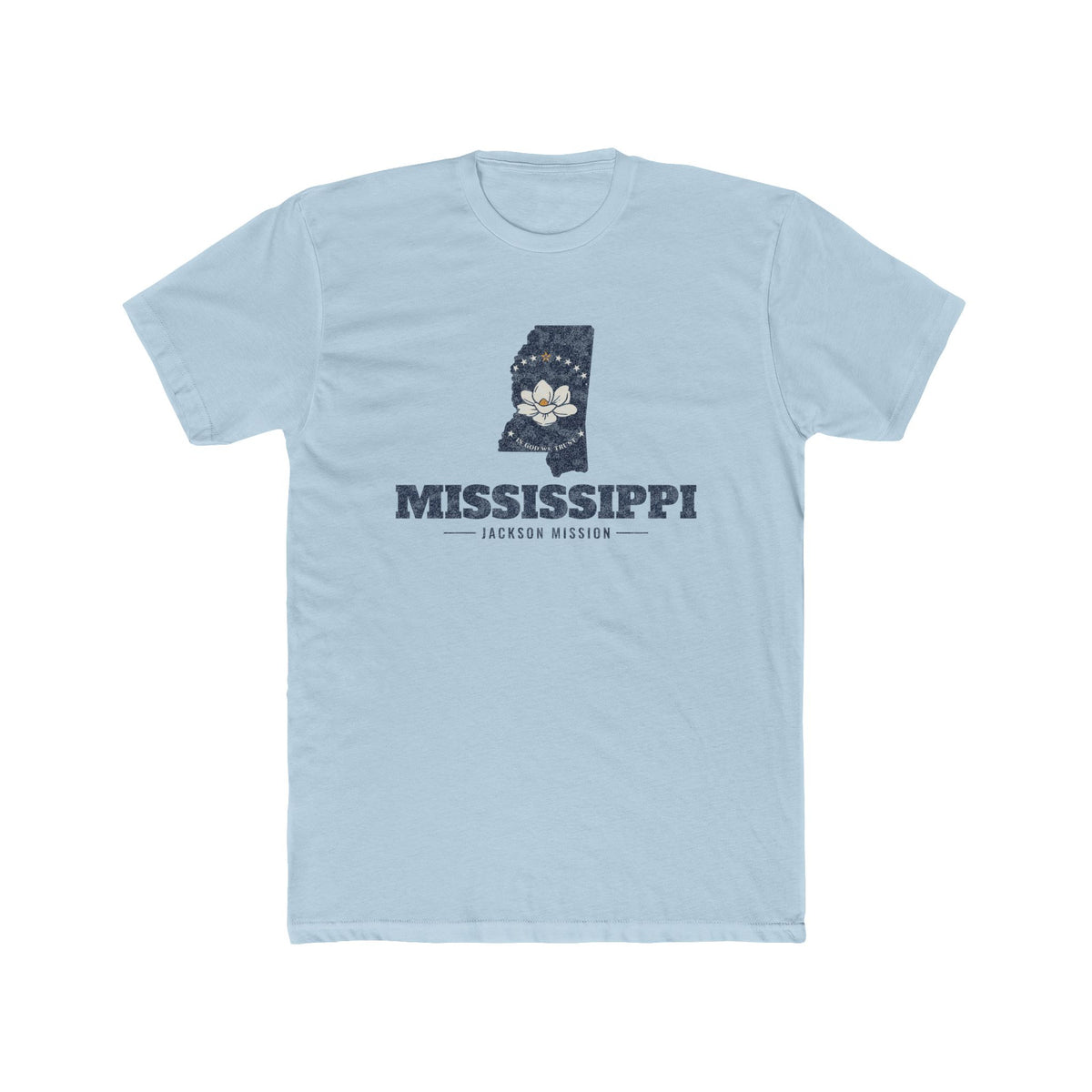 Mississippi Jackson Mission Flag Map shirt in Desert Pink: Mississippi state flag in the outline of Mississippi with navy lettering, front view