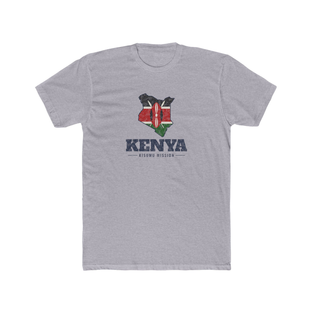 Kenya Kisumu Mission Flag Map shirt in Heather Grey: flag of Kenya in the outline of Kenya with navy lettering, front view