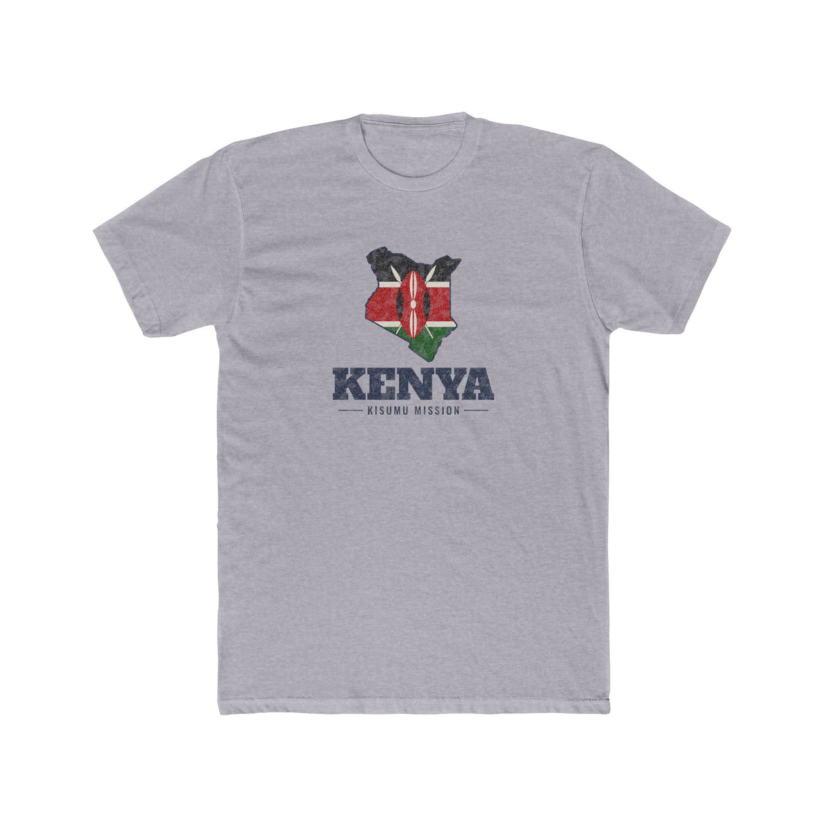 Kenya Kisumu Mission Flag Map shirt in Heather Grey: flag of Kenya in the outline of Kenya with navy lettering, front view
