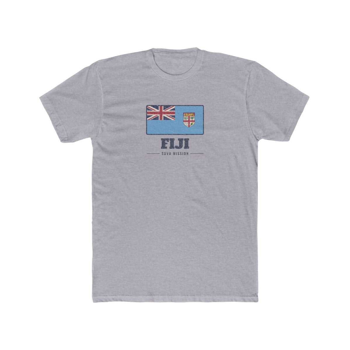 Fiji Suva Mission Flag Map shirt in Heather Grey: flag badge of Fiji with navy lettering, front view