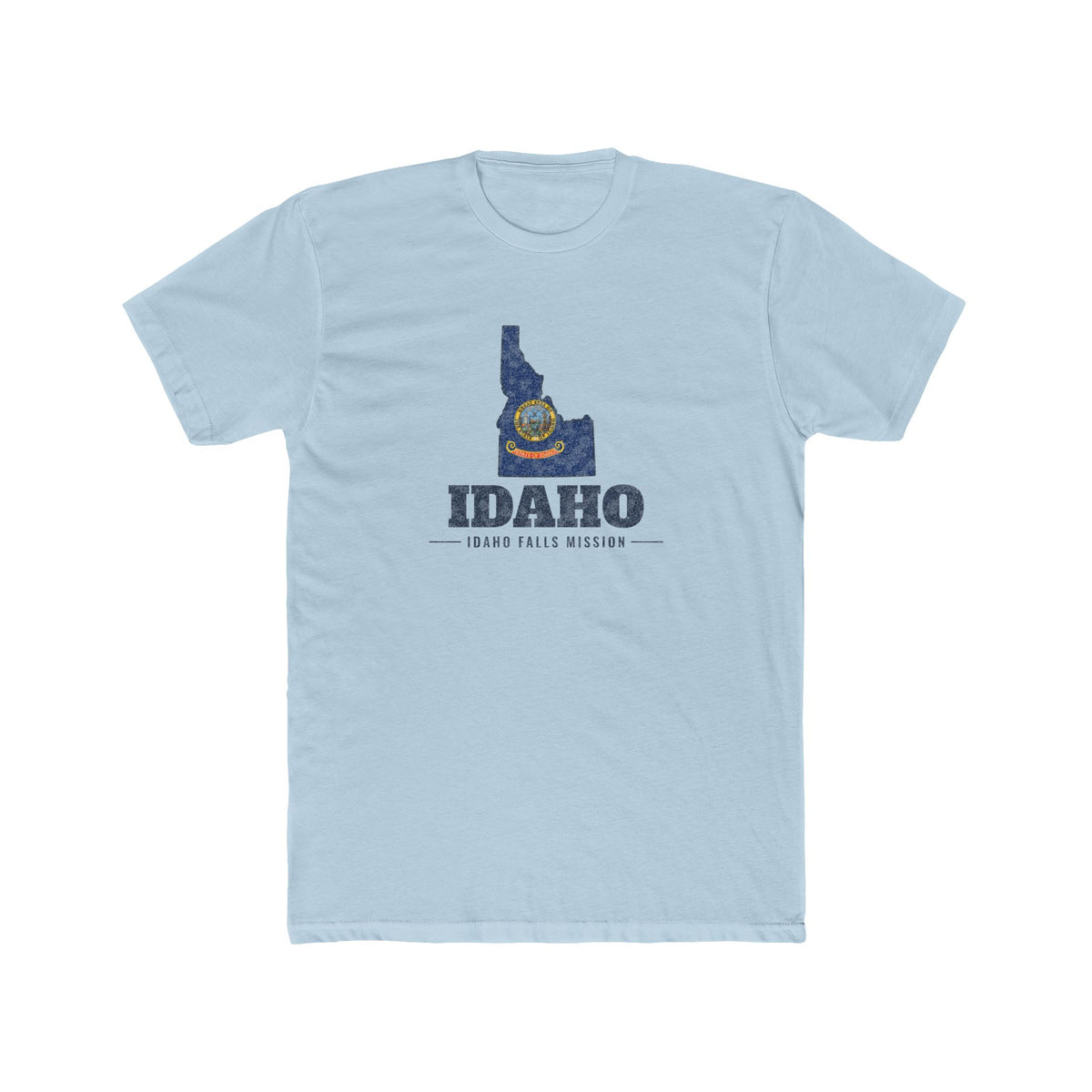 Idaho Idaho Falls Mission Flag Map shirt in Desert Pink: Idaho state flag in the outline of Idaho with navy lettering, front view
