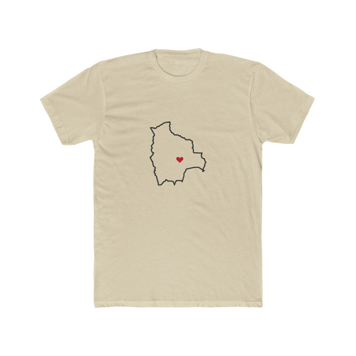 Bolivia Santa Cruz North Mission Heart Map shirt in Cream: Bolivia outline with a red heart, front view