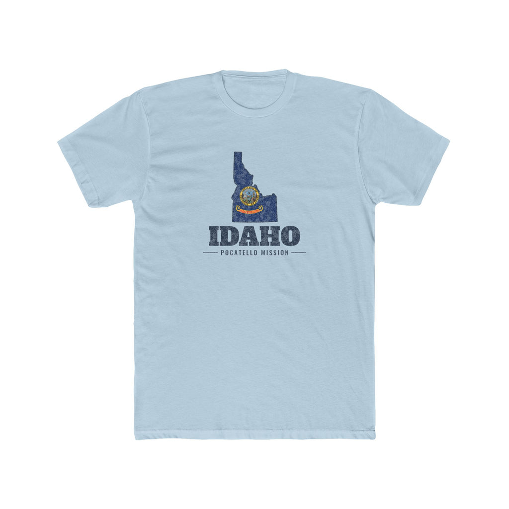 Idaho Pocatello Mission Flag Map shirt in Desert Pink: Idaho state flag in the outline of Idaho with navy lettering, front view