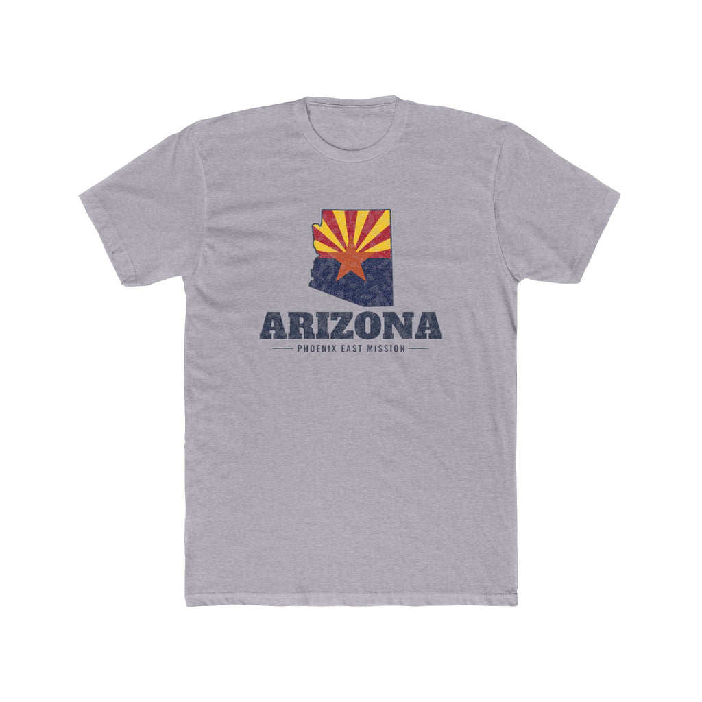 Arizona Phoenix East Mission Flag Map shirt in Heather Grey: Arizona state flag in the outline of Arizona with navy lettering, front view