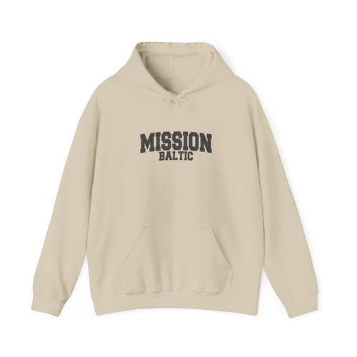 Baltic Mission Hoodie in Sand, front view with the varsity mission design