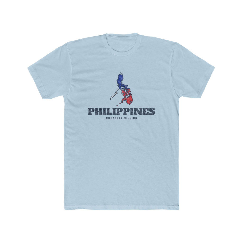 Philippines Urdaneta Mission Flag Map shirt in Desert Pink: colors of the Philippine flag in the outline of the Philippines with navy lettering, front view